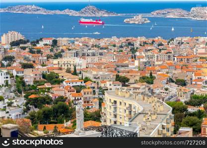 Aerial view of the town If island and the Mediterranean Sea on a sunny day. Marseilles. France.. Marseilles. Aerial view of the island If on a sunny day.