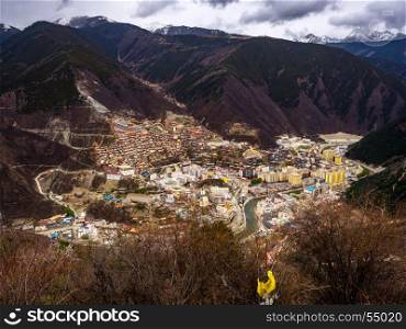 Aerial view of the town of Baiyu in Sichuan China