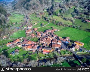 Aerial view of the town of Espinaredo in Asturias, Spain.