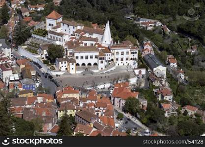 Aerial view of the town of Sintra near Lisbon in Portugal. The Palace of Sintra, the former summer residence of Portuguese Royal family is a UNESCO World Heritage Site.