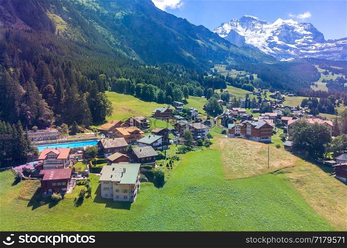 Aerial view of the village of Lauterbrunnen from the mountain Mannlichen. Switzerland.. View of the Swiss Alps near the city of Lauterbrunnen. Switzerland.