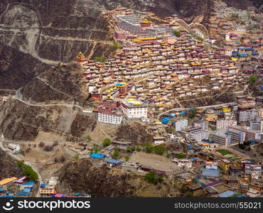 Aerial view of Tibetan Baiyu Monastery in Baiyu, Sichuan, China