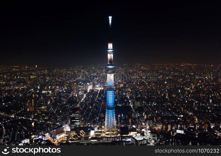 Aerial view of Tokyo Skytree and Japanese landscape in Tokyo city at night. Japan tourism, cityscape landmark, Asia travel destination, or modern building architecture concept