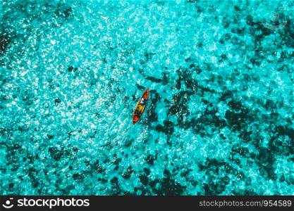 Aerial View of tourists paddle kayak in Boulder Island, Myanmar