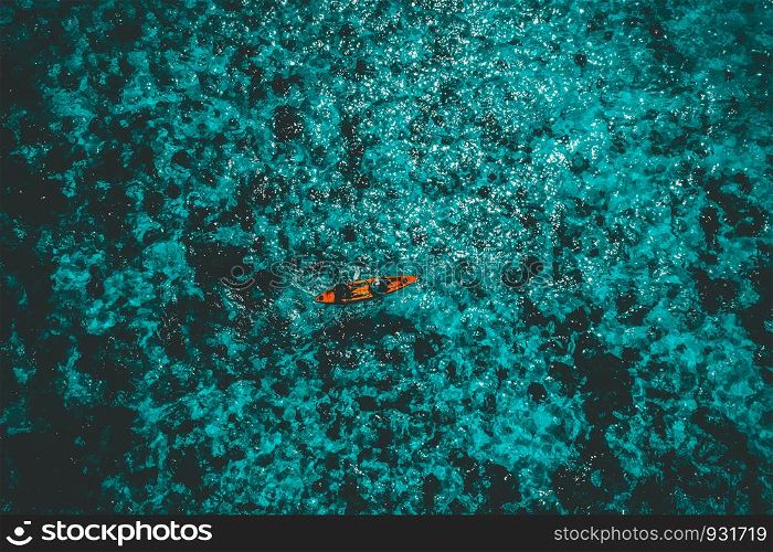 Aerial View of tourists paddle kayak in Boulder Island or Nga Khin Nyo Gyee Island, Myanmar