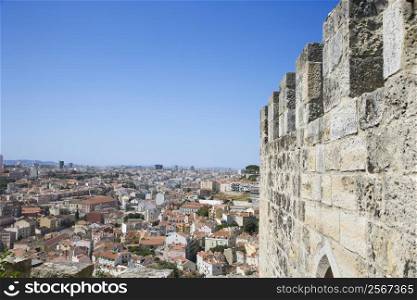Aerial view of town from castle structure in Lisbon, Portugal.
