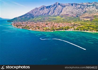 Aerial view of Town of Orebic on Peljesac peninsula waterfront, Dalmatia region of Croatia