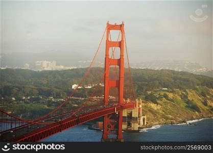 Aerial view of traffic moving on a bridge, Golden Gate Bridge, San Francisco, California, USA