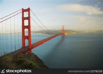 Aerial view of traffic moving on a bridge, Golden Gate Bridge, San Francisco, California, USA