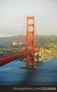 Aerial view of traffic moving on a bridge, Golden Gate Bridge, San Francisco, California, USA