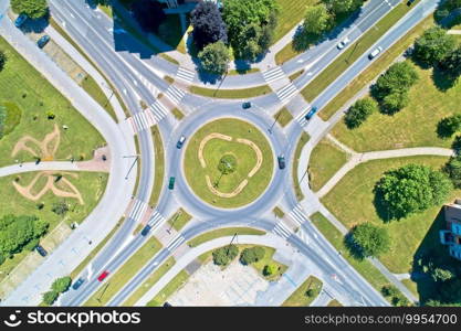 Aerial view of traffic roundabout intersection, town of Cakovec in Croatia
