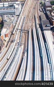 Aerial view of train track and train station in London England