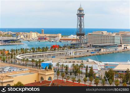 Aerial view of Transbordador Aeri del Port or Port cable car and Rambla de Mar in Barcelona, Catalonia, Spain