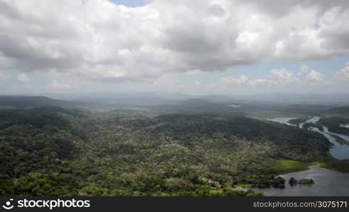 Aerial view of tropical rainforest on the shore of Gatun Lake along the Panama Canal route.