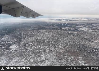 Aerial view of tundra landscape viewed from an airplane, Churchill, Manitoba, Canada