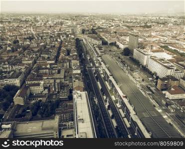 Aerial view of Turin vintage desaturated. Vintage desaturated Aerial view of the city centre of Turin, Italy
