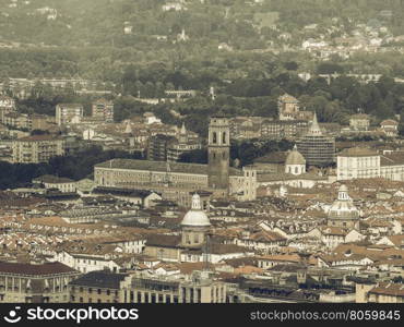 Aerial view of Turin vintage desaturated. Vintage desaturated Aerial view of the city centre of Turin, Italy