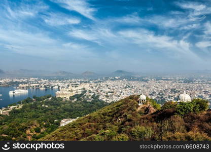 Aerial view of  Udaipur town and Lake Pichola, City Palace, Lake Palace. Udaipur, Rajasthan, India. Aerial view of  Udaipur, India