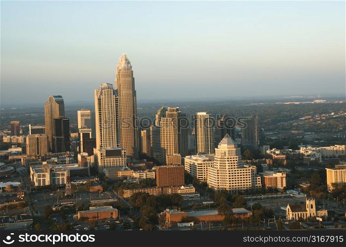 Aerial view of uptown buildings in Charlotte, North Carolina.
