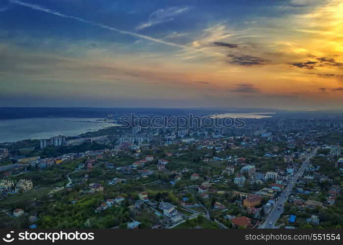 Aerial view of Varna city and sea, Bulgaria at sunset