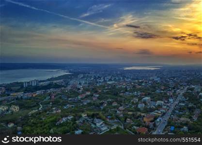 Aerial view of Varna city and sea, Bulgaria at sunset
