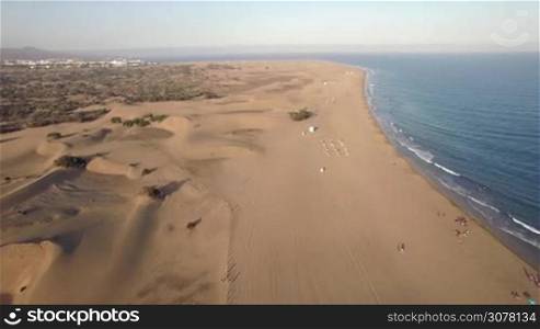 Aerial view of vast sandy coast with beach and dunes. People sunbathing by clear blue ocean. Gran Canaria, Canary Islands