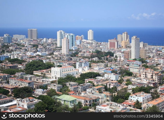 Aerial view of Vedado Quarter, modern part of the city, Havana, Cuba. Caribbean Sea in the background.