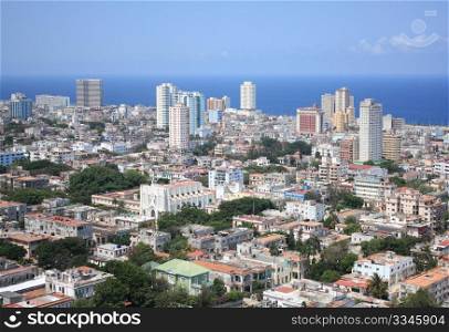 Aerial view of Vedado Quarter, modern part of the city, Havana, Cuba. Caribbean Sea in the background.
