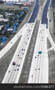 Aerial view of vehicles moving on multiple lane highways, Interstate 4, Orlando, Florida, USA