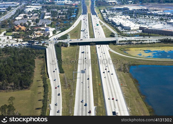 Aerial view of vehicles moving on multiple lane highways, Interstate 4, Orlando, Florida, USA