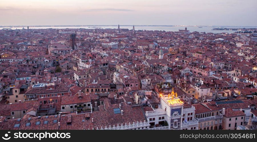 Aerial view of Venice city, Italy. Top view of Venice in Italy from Campanile Bell tower.. Beautiful buildings in Venice