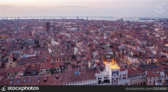 Aerial view of Venice city, Italy. Top view of Venice in Italy from Campanile Bell tower.. Beautiful buildings in Venice