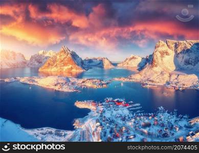 Aerial view of village on the island, red rorbu, sea, snowy mountains, colorful sky with pink clouds at sunrise. Winter in Reine at dawn. Lofoten islands, Norway. Top view of rocks in snow, houses