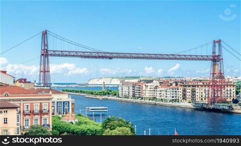 Aerial view of Vizcaya Bridge, a transporter bridge that links the towns of Portugalete and Getxo, Spain, built in 1893, declared a World Heritage Site by UNESCO