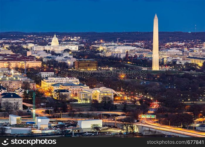 Aerial view of Washington DC cityscape from Arlington Virginia USA.