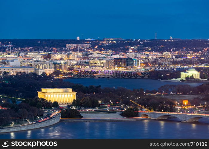 Aerial view of Washington DC cityscape from Arlington Virginia USA.