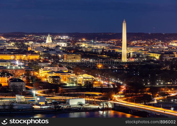 Aerial view of Washington DC cityscape from Arlington Virginia USA.