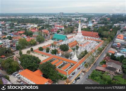 Aerial view of Wat Phra Mahathat Voramahavihan Temple in Nakhon Si Thammarat with stupa pagoda near Bangkok. Urban town city, Thailand.