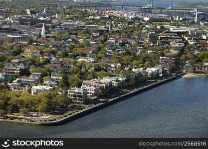 Aerial view of waterfront buildings in Charleston, South Carolina.