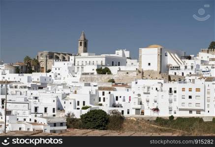 Aerial view of white city Vejer de la Frontera in Andalusia, Spain in Europe.