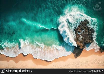 Aerial view of white sand beach coastline with teal blue ocean. Natural blue color. Generative AI