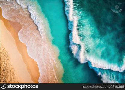 Aerial view of white sand beach coastline with teal blue ocean. Natural blue color. Generative AI
