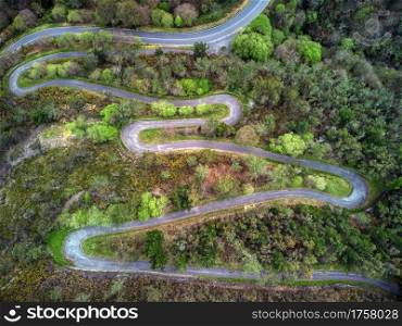 Aerial view of winding road in spring in Asturias, Spain.