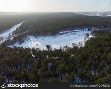 Aerial view of winter ski base in siberian forest. Aerial view of winter ski base