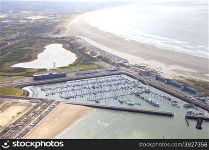 Aerial view of yacht harbor with beach of IJmuiden, The Netherlands