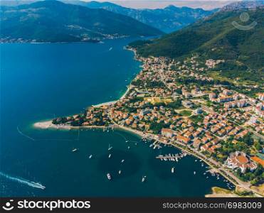 aerial view of yachts in city docks of montenegro. summer time. aerial view of yachts in city docks of montenegro