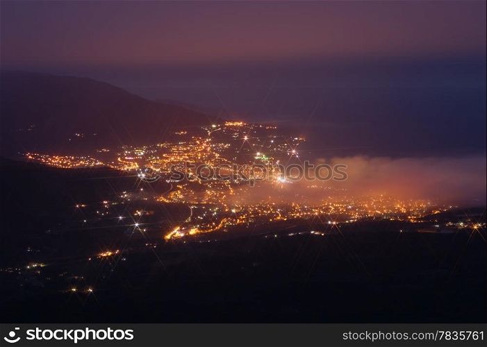 Aerial view of Yalta city at night. Crimea, Ukraine