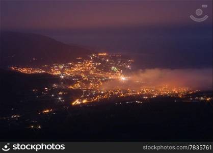 Aerial view of Yalta city at night. Crimea, Ukraine