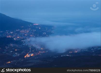 Aerial view of Yalta city before sunrise. Crimea, Ukraine