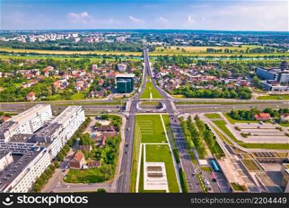 Aerial view of Zagreb and Sava river near fountains square, capital of Croatia